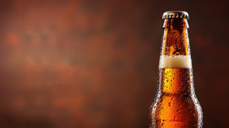 Cold beer bottle with droplets on orange backdropの素材