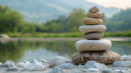 Stack of smooth river stones balanced perfectly in tranquil natural settingの素材