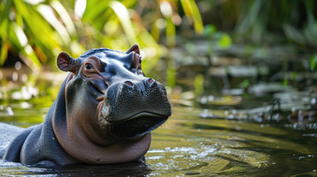 Hippopotamus head peeking out from tranquil waterの素材