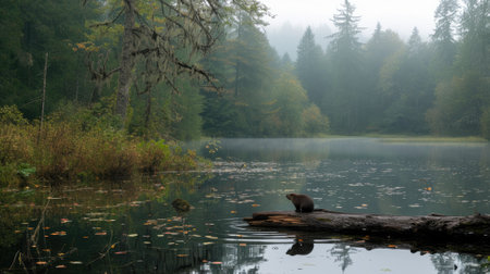 Serene lake with an otter resting on a foggy morningの素材
