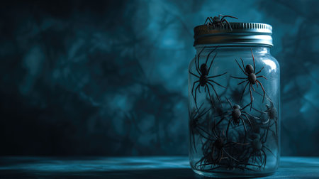 Spooky jar filled with black spiders on a dark, mysterious backdropの素材