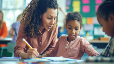A dedicated teacher helps a young student with schoolwork in a vibrant classroomの素材