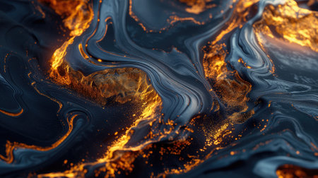 Rich golden swirls in a navy abstract liquid art designの素材