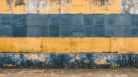 Aged blue and yellow wall texture with peeling paintの素材