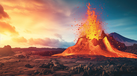 Majestic volcano eruption at sunset with vibrant lavaの素材