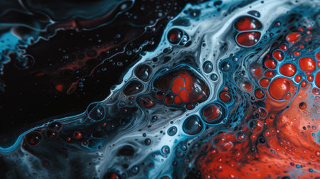 Close-up of blue and red fluids interacting artisticallyの素材