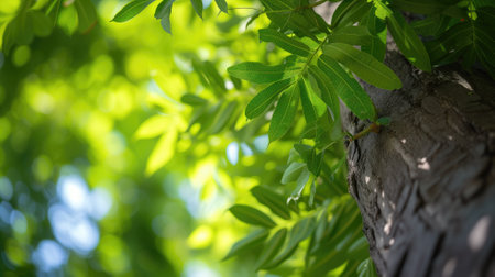 Sunlight dapples through the lush green leaves of a treeの素材