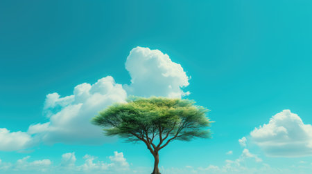 Vibrant green tree against a bright, cloud-filled skyの素材