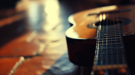 Classical guitar resting on a brown surfaceの素材