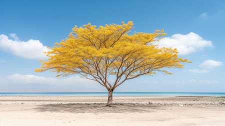 Solitary yellow tree on a sandy beach with a clear skyの素材