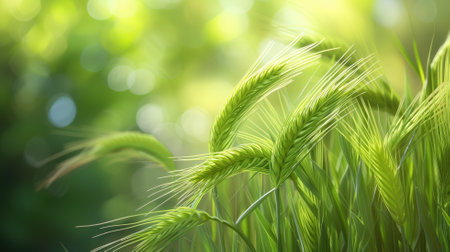 Macro shot of green wheat ears with a soft focus on the sunny backgroundの素材