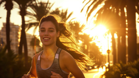Young woman jogging in city park at sunset, with palm treesの素材