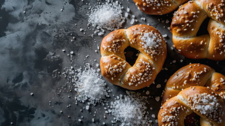 Glistening salted pretzels on a textured dark backgroundの素材