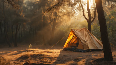 Sunlit tent in a mystical forest at dawnの素材