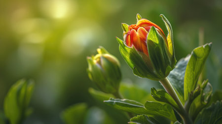 Sunlit vibrant tulip bloom with soft focus greenery in the backgroundの素材