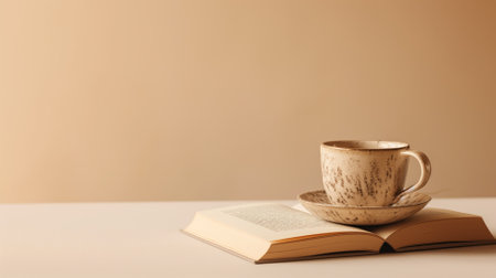 Ceramic cup on an open book, warm beige backgroundの素材