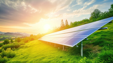 Solar panels on a lush hillside with sunset in the backgroundの素材