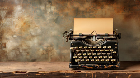 A vintage typewriter with blank paper ready for writing, set against a textured backgroundの素材