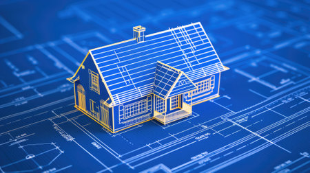 Digital concept of a blueprints-style 3D house model, symbolizing architecture, design, construction, and real estate planningの素材
