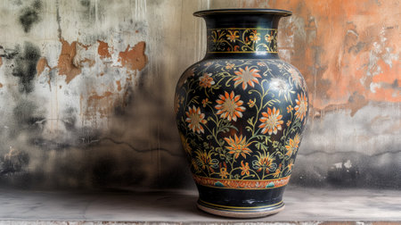 Black vase with intricate floral design against a rustic backdropの素材
