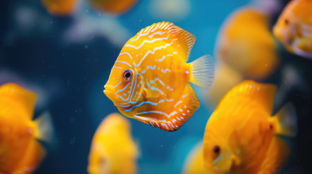 Close-up of a vibrant orange discus fish among others in a blue underwater habitatの素材