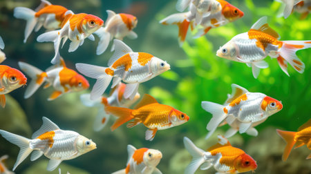 A vibrant school of orange and white goldfish swimming in clear water against a lush green backdropの素材