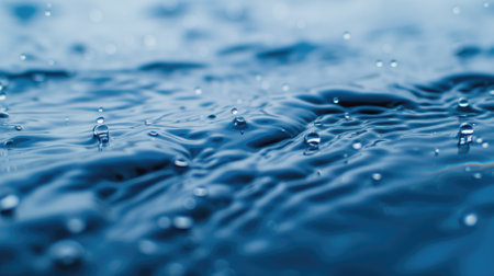 Pristine water droplets on a calm blue surface, capturing the essence of tranquility and purity in a minimalist settingの素材