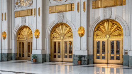 Luxurious gold-trimmed art deco doors with intricate details, flanked by elegant wall lamps and set in a white marble wall, evoking a sense of grandeur and historical significanceの素材