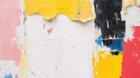 Abstract composition of peeling paint layers on a wall, revealing multiple colors in a textural patternの素材