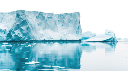 A serene scene of an iceberg with crystalline textures floating in tranquil blue waters, reflecting the calm and cold atmosphere of the polar environmentの素材