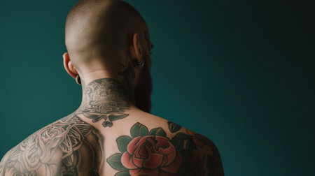 Man with a shaved head and elaborate tattoos on his back, showcasing body artの素材