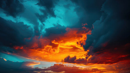 Fiery sunset sky with dramatic clouds and vibrant colorsの素材