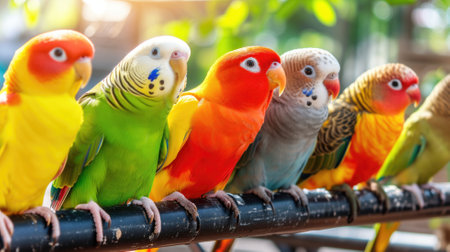 Row of colorful parrots on a perchの素材