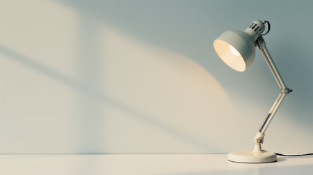 Desk lamp casting a warm light and shadow on a white wallの素材