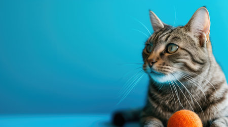A cat with an orange ball on a blue backgroundの素材