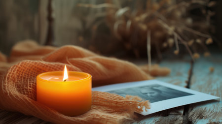 Candle with a photo in a cozy settingの素材