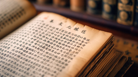 A close-up of an old Chinese book with textの素材