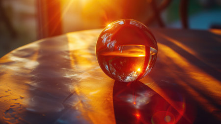 A glass sphere reflects the sunset on a wooden surfaceの素材