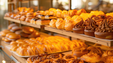 Assorted pastries on bakery shelves, with warm tonesの素材