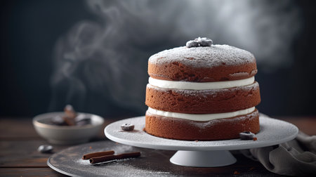 Layered chocolate cake with cream filling on a cake standの素材