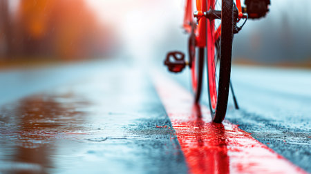 Wet bicycle tire on rainy roadの素材