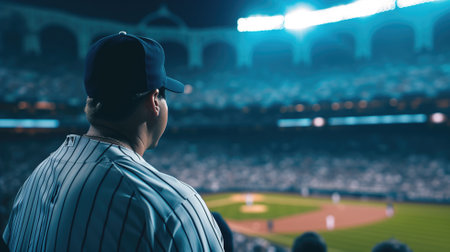 Rear view of a person watching a baseball gameの素材