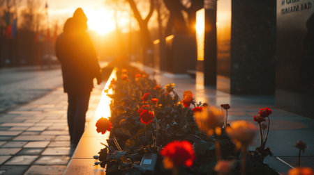 Silhouetted person walking by a flower bed at sunsetの素材