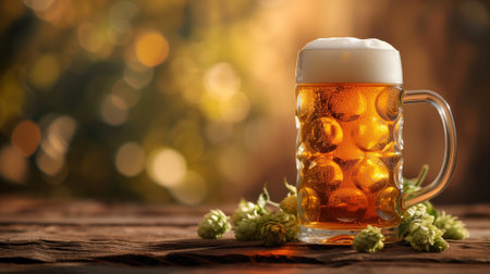 A mug of beer with froth over hops and wooden surfaceの素材