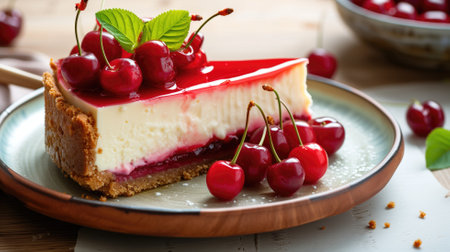 Cheesecake with cherries on a ceramic plateの素材