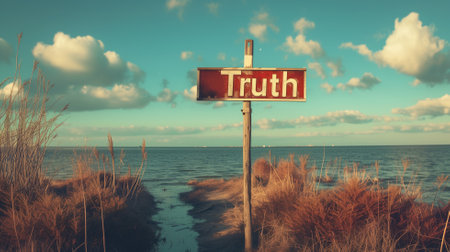 Rustic sign reading "Truth" with a serene seascape and cloudy sky in the backgroundの素材