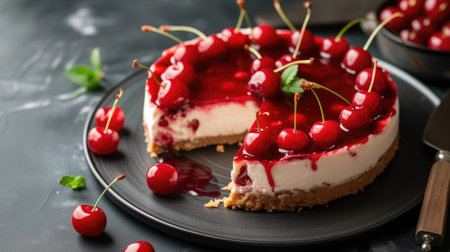 Cheesecake topped with glossy red cherry sauce and whole cherries on a dark plateの素材