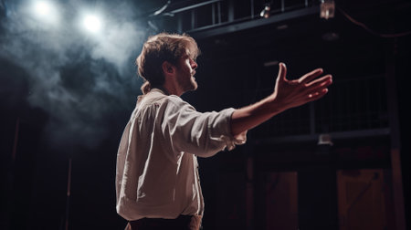 A man reaching out dramatically on a theater stageの素材