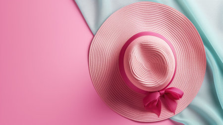 A pink hat with a bow on a pastel backgroundの素材