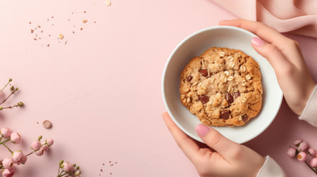 Hand holding a cookie in a bowl on a pink backgroundの素材